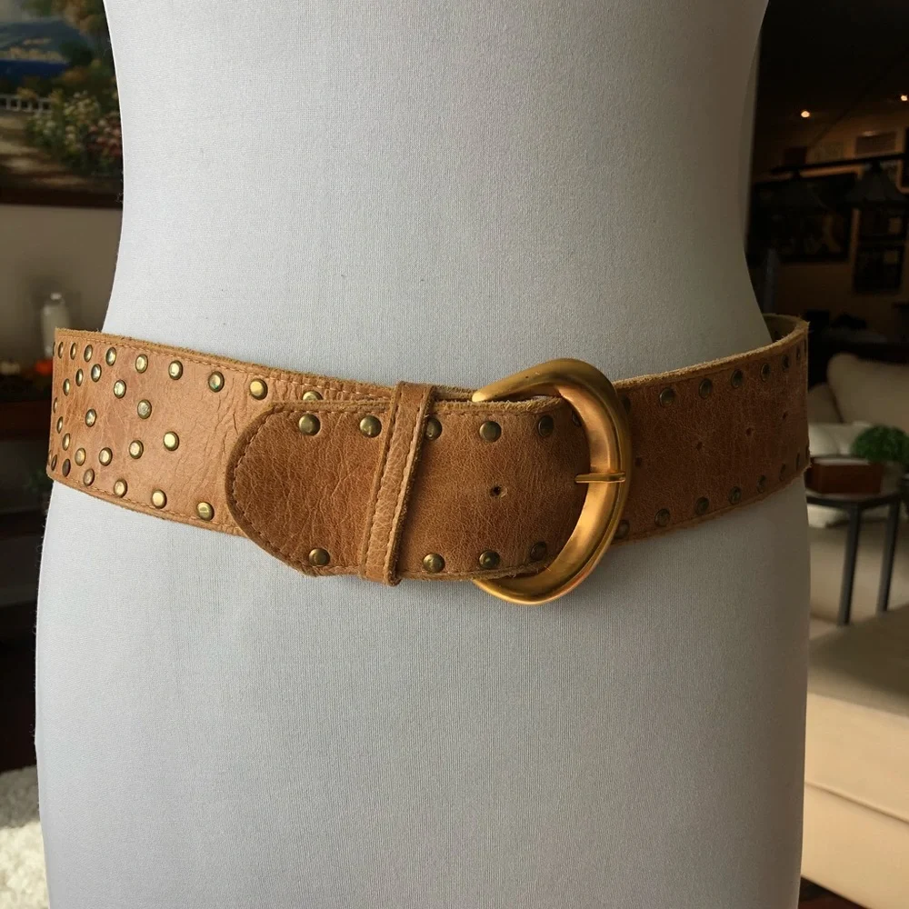 Studded Tan Leather Belt with Gold Buckle